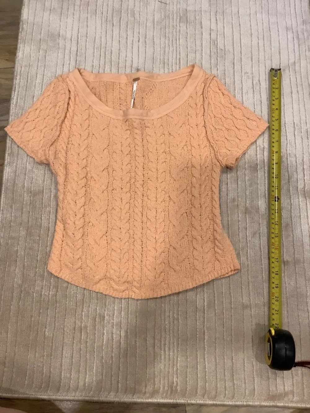 Free People Womens L Peach Solid Cable Knit Scoop Neck Short Sleeve Pullover